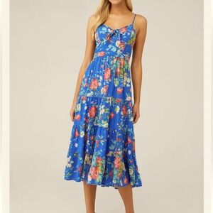 Yumi Kim Size Large Good Times sleeveless Vibrant Blue Floral Midi‎ Dress